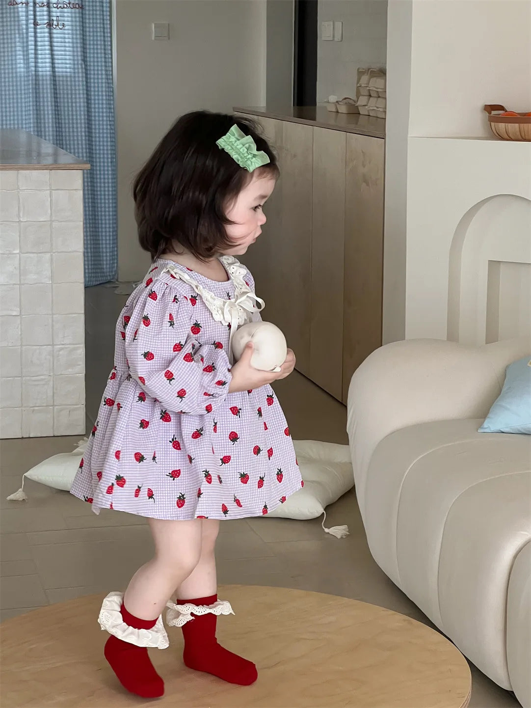 2025 Spring New Baby Girl Long Sleeve Dress Cute Strawberry Print Newborn Toddler Princess Bodysuit Dress Kids Girls Lace Dress