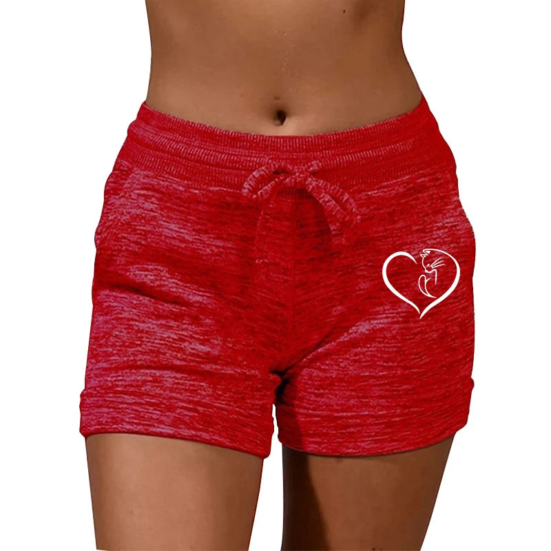 Summer Women's Shorts Printing Elastic High Waist Casual Sport Fitness Running Oversize Female Sweatpants red