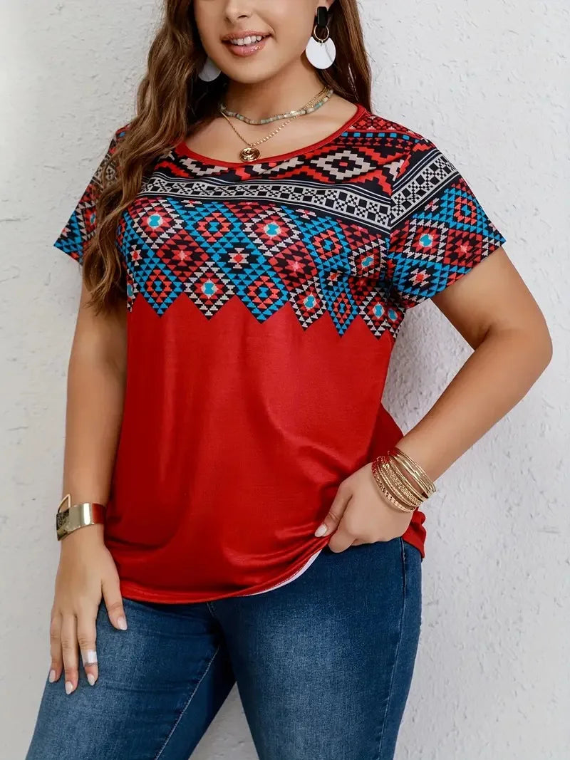 Women T Shirt Plus Size Tops Fashion clothes Women's Plus Southwestern Print Casual Tees Round Neck Short Sleeve T-shirt Tops