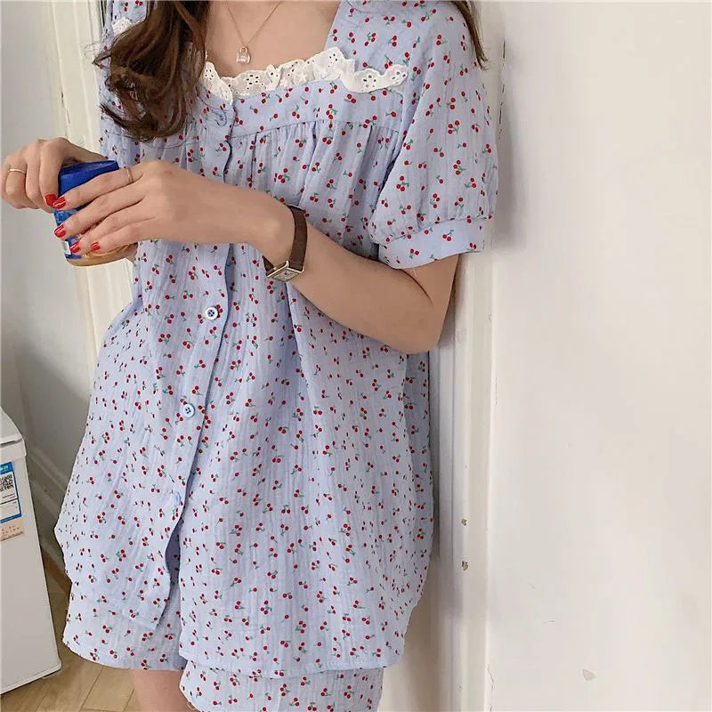Cherry Sleepwear Pajamas Women Summer Short Sleeve Shorts Sweet Small Lace Japan Fashion Ins Student Korean Homewear Set