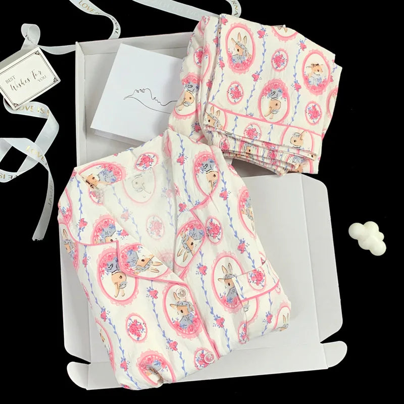 Spring and Autumn Women's New Cloud Cotton Pajamas Homewear Set Students Sweet Printing Long Sleeves Long Pants Pajamas Homewear