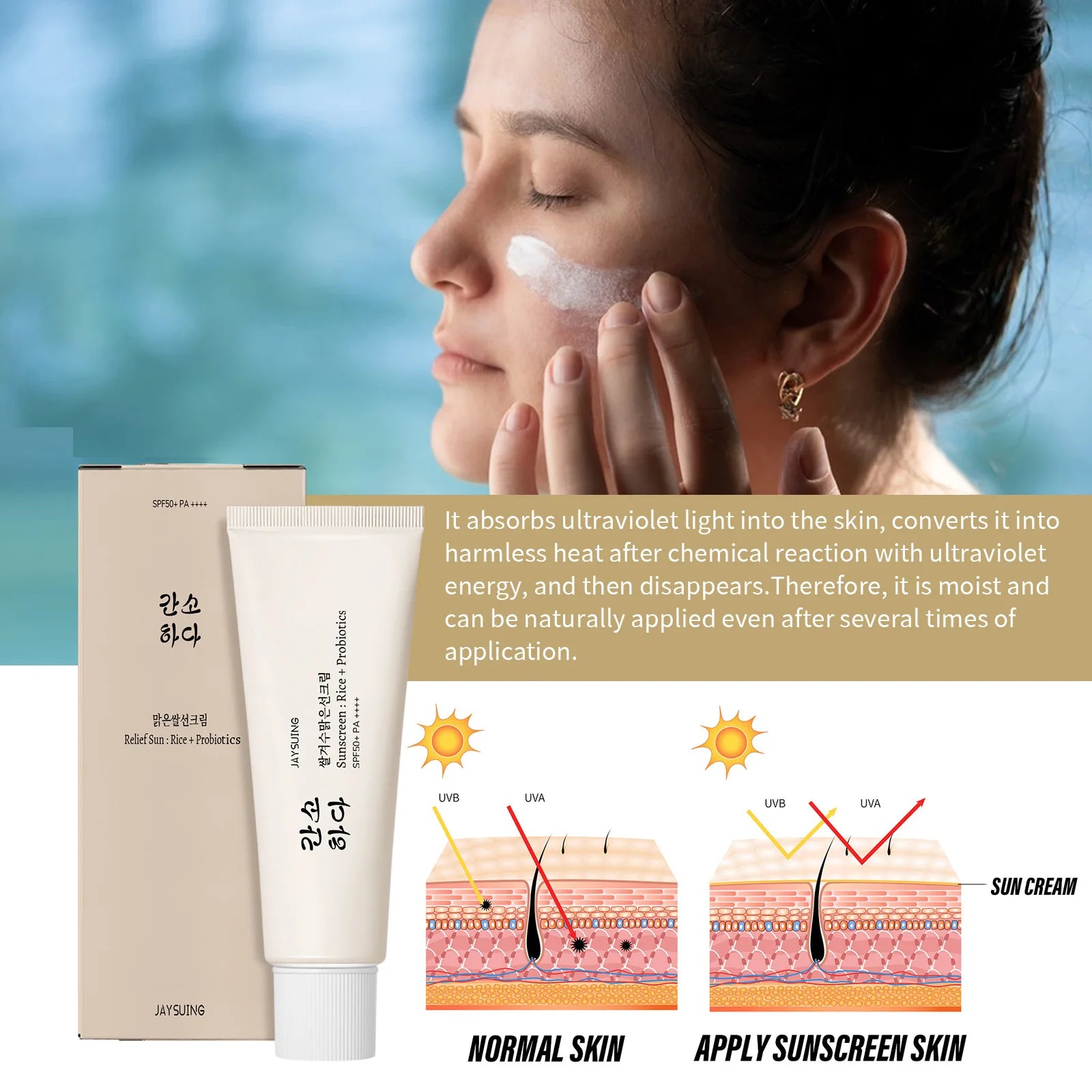 Spf50+ Moisturizing Rice Probiotic Sunscreen Skin Protection Refreshing Makeup Sunscreen Cream UV Resistance Facial Sunscreen