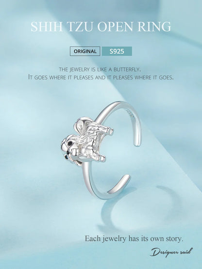 WOSTU 925 Sterling Silver Cat Pet Adjustable Rings For Women Animal Dog Open Ring Family Daughter Birthday Jewelry Girl Gift