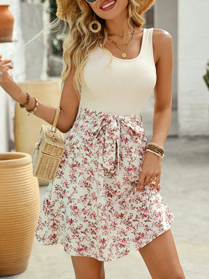 New Summer Woman Elegant Lace-up Sleeveless A-Line Dress,beach Dress For Ladies,Woman Clothing,Floral Dresses