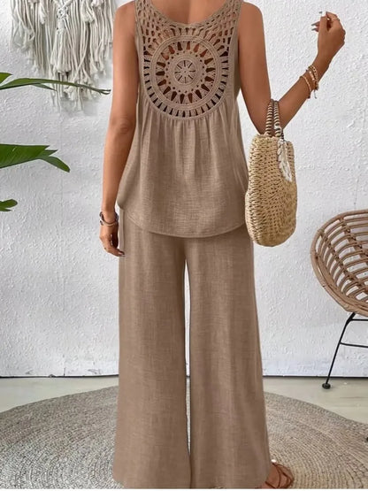 Hollow Out 2 Piece Sets Women Lace Sleeveless Top Wide Leg Pants Set Solid Color New Matching Sets 2 Piece Sets Women New 2024
