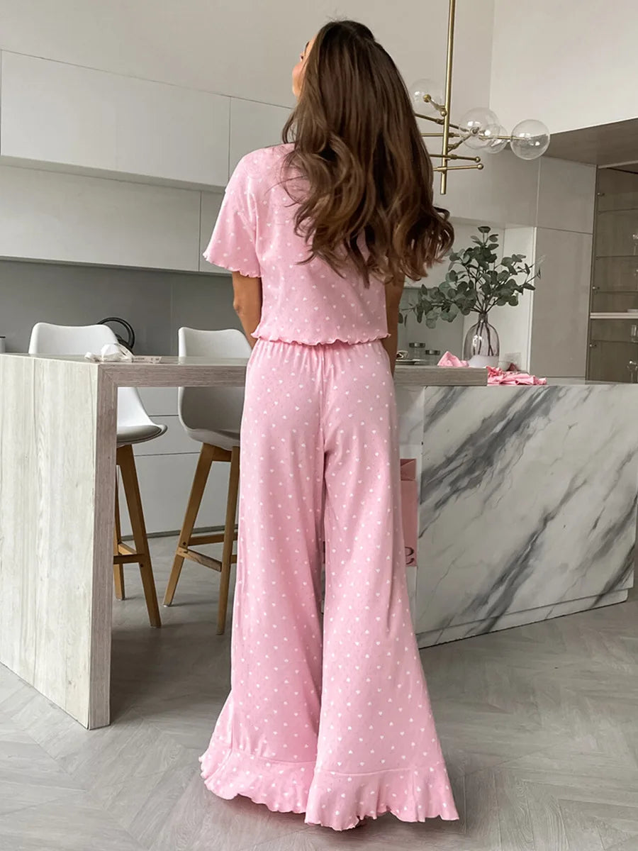 Muzuleva New Fashion Love-Printed Short-Sleeved Pants Pajama Set Women's Summer Pink Sleepwear Loose Casual 2-Piece Set