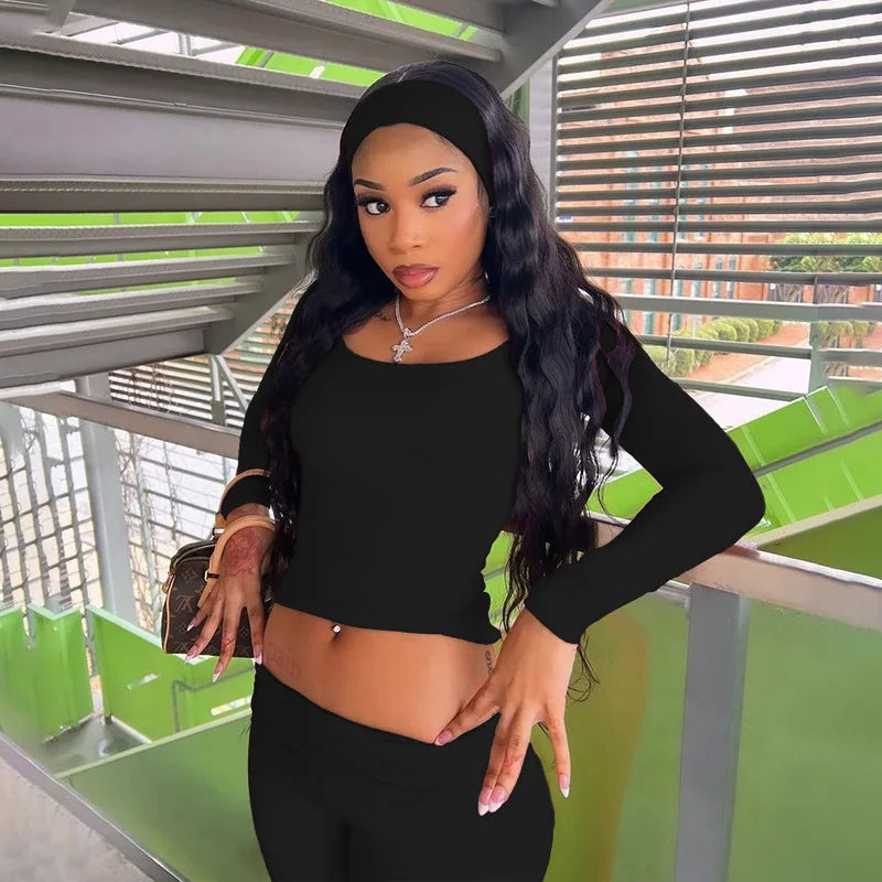 Fashion Soild Women's Set Long Sleeve Yellow U Neck Shirt and Flared Pants 2024 Elegant Tracksuits Two 2 Piece Set Outfits