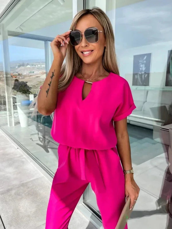 Jumpsuit Women 2023 Solid Color Short Sleeve V-neck Pocket Lace-up Pencil Long Pants Jumpsuits Summer Outfits Bodysuits Badiee Stylez