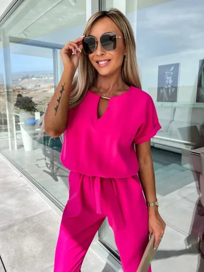 Jumpsuit Women 2023 Solid Color Short Sleeve V-neck Pocket Lace-up Pencil Long Pants Jumpsuits Summer Outfits Bodysuits Badiee Stylez