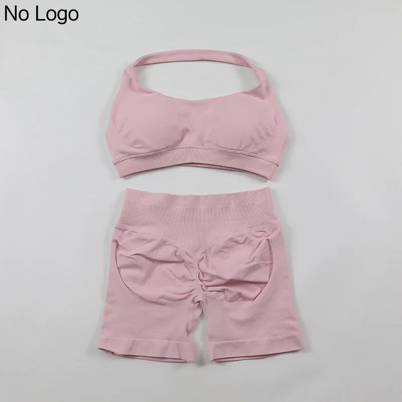 Fitness Shorts Sets Seamless Yoga Set Women 2Pcs Halter Sports Bra Scrunch Butt Gym Shorts Set Workout Clothes Summer Sportswear Badiee Stylez