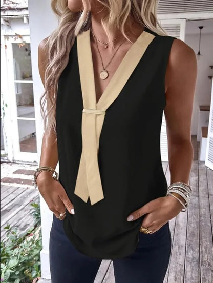 Fashion Sleeveless V-neck Tank Top Women Solid Casual Blouse Shirt 2023 Summer Elegant Office Womens Tops And Blouses