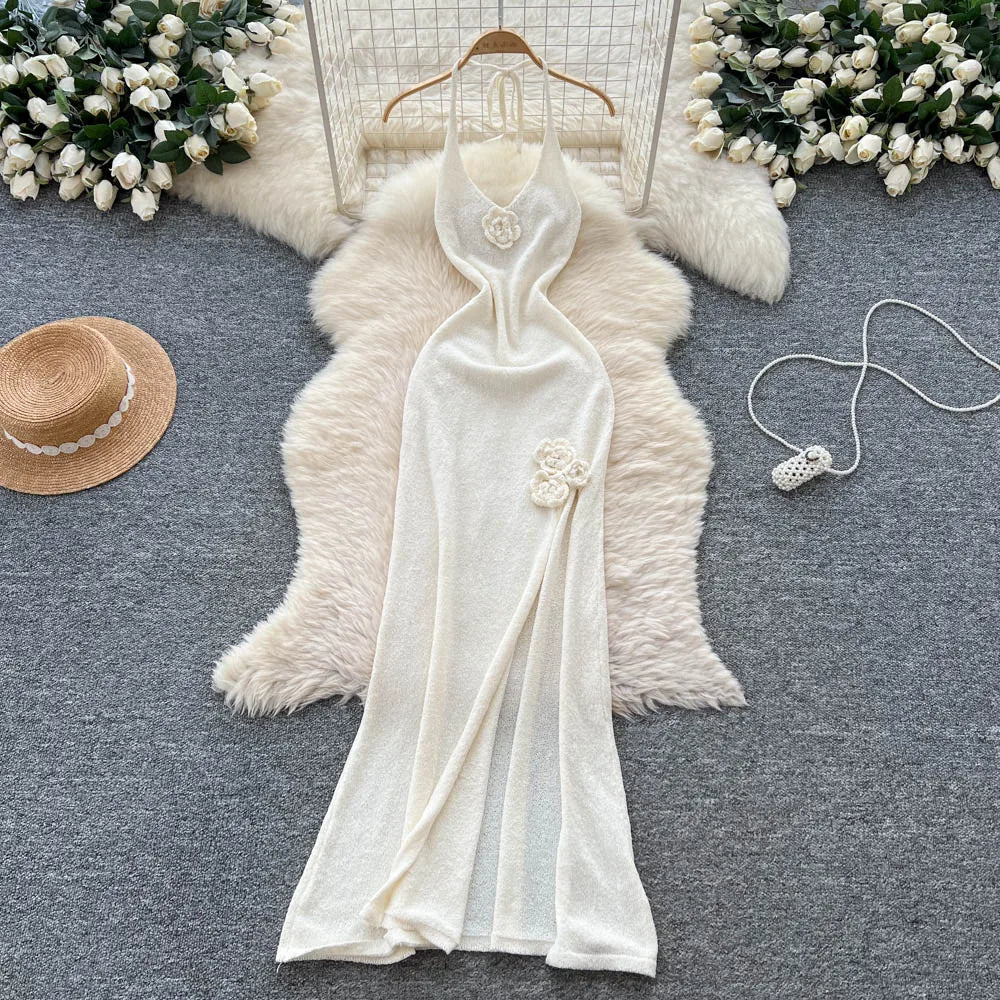 SINGREINY Halter 3D Floral Maxi Sundress Women Sleeveless Bodycon Elastic Beach Dress Vacation Knitted Split Sexy Long Dress