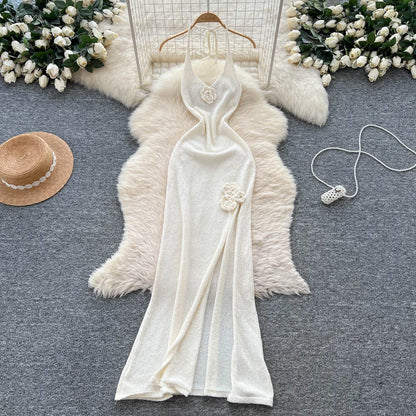 SINGREINY Halter 3D Floral Maxi Sundress Women Sleeveless Bodycon Elastic Beach Dress Vacation Knitted Split Sexy Long Dress