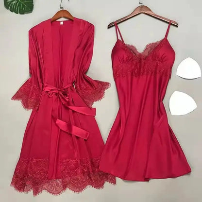 White 5PCS Sleep Set Pajamas Lady Lace Satin Pyjamas Kimono Bath Gown Loose Sleepwear Home Cloting V-Neck Casual Nightwear Burgundy B