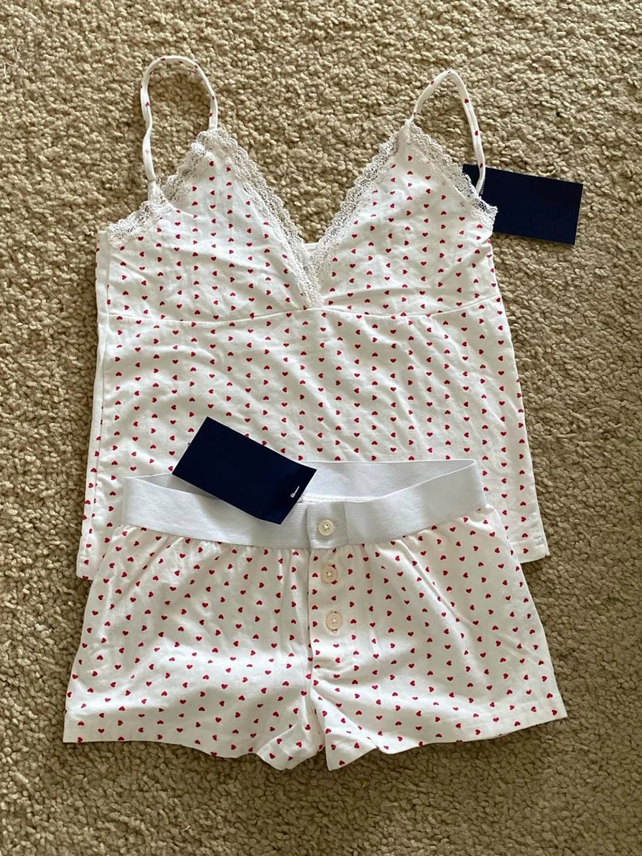 Blue Striped Tank Shorts Pajama Set Women Summer Sleeveless Crop Top+Elastic Waist Straight Short Pant Cotton Home 2 Piece Sets Red heart set One Size