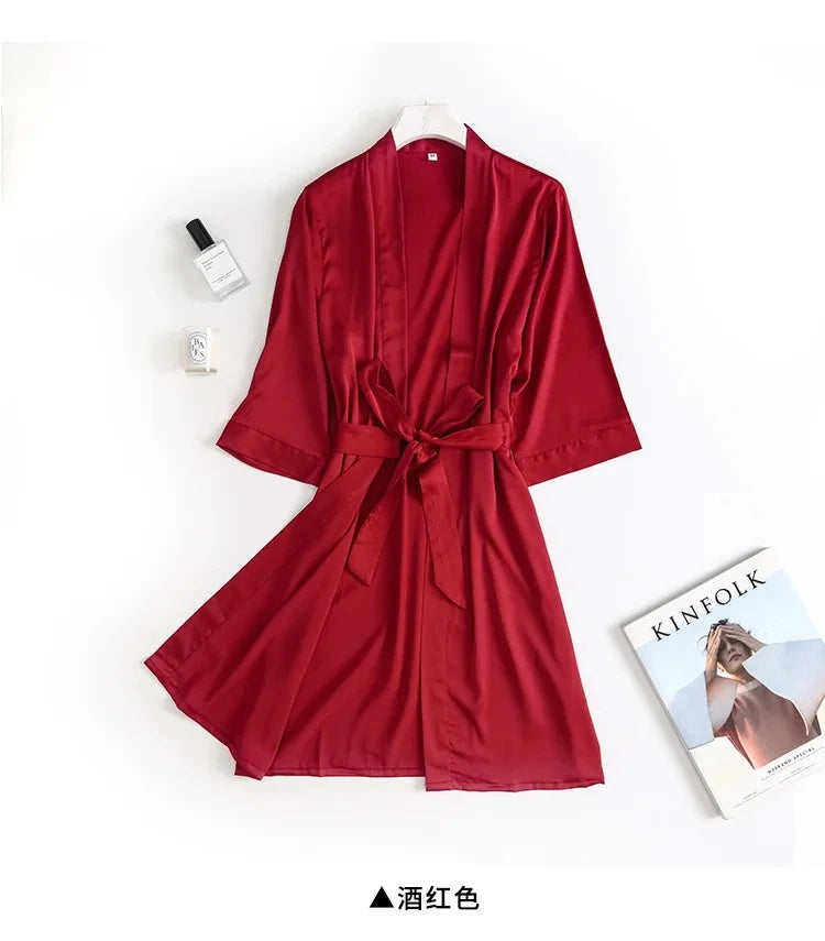 Women Wedding White Bride Robe Morning Gown 3/4 Sleeve Sleepwear Loose Nightgown Female Silk Satin Kimono Bathrobe Lingerie Wine red