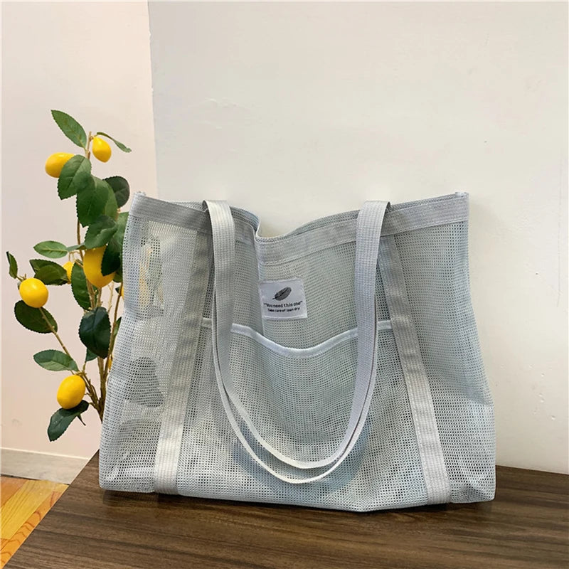 Women Transparent Mesh Shoulder Bag Fashionable Portable Shopping Travel Beach Mesh Net Tote Handbag gray