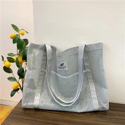 Women Transparent Mesh Shoulder Bag Fashionable Portable Shopping Travel Beach Mesh Net Tote Handbag gray