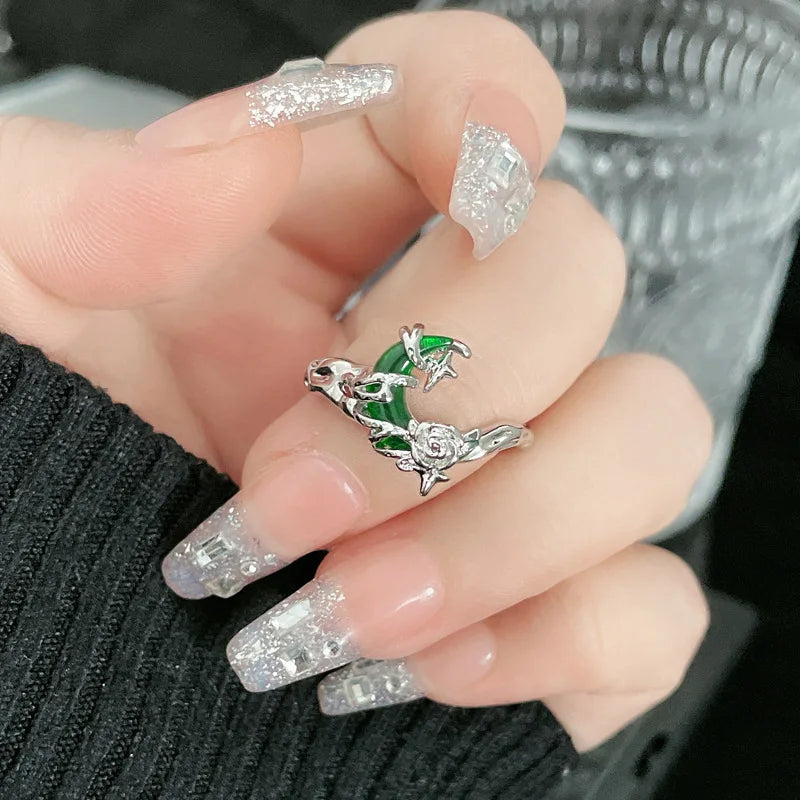 Y2K Moon Rose Ring Irregular Black Women Neo Gothic Hot Girl Design Sense Ring Anime Deep Red Moon Aesthetics Ring Jewelry Gift 03 green
