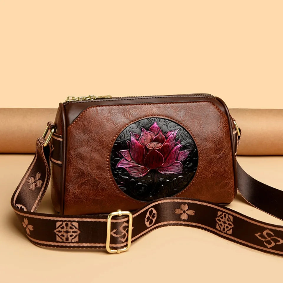 Three Layers Women Handbag Soft Leather Shoulder Crossbody Bags for Women Flower Print Ladies Messenger Bag with WIde Strap