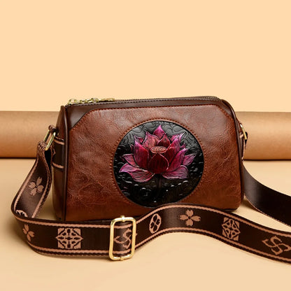 Three Layers Women Handbag Soft Leather Shoulder Crossbody Bags for Women Flower Print Ladies Messenger Bag with WIde Strap