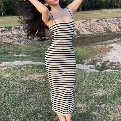Striped Knitted Slim Dresses Women's Summer Skinny Sleeveless Bodycon Long Dress Casual Holiday Wrap Hip Sundress V175 White One Size