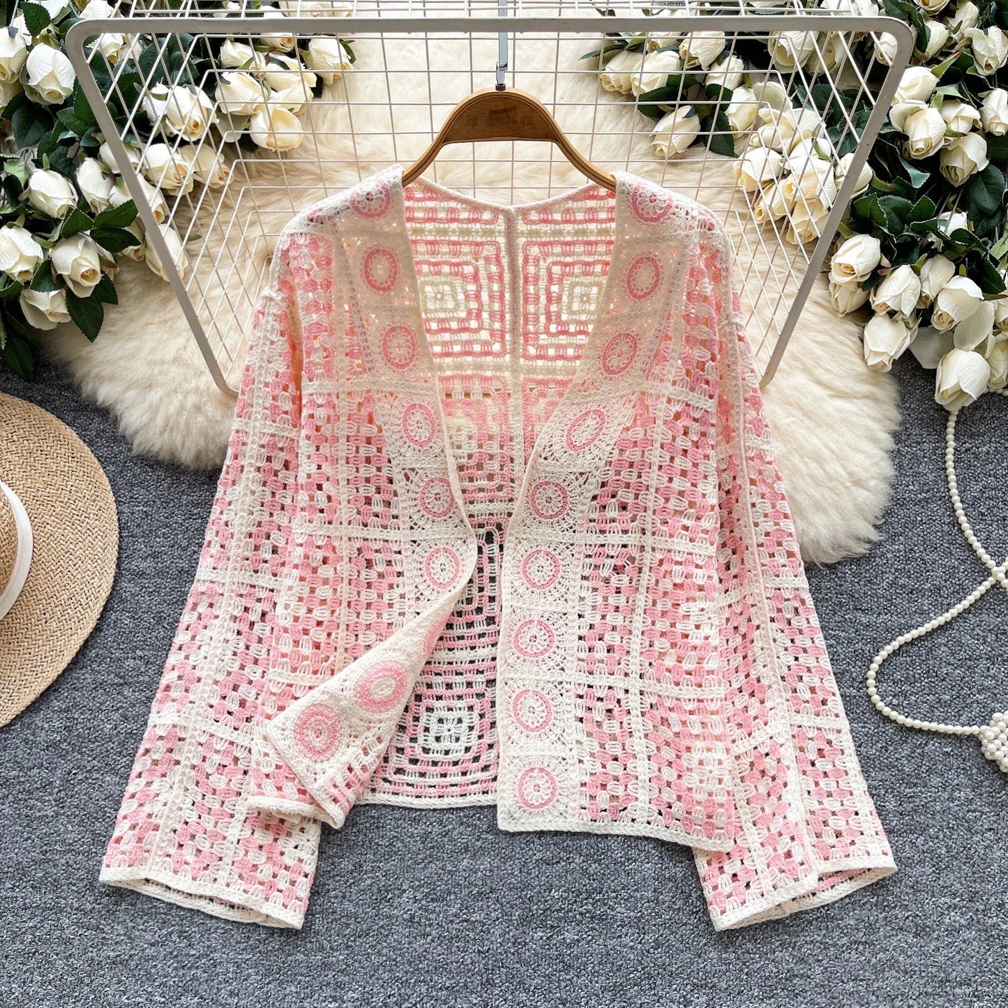 SINGREINY Vintage Boho Loose Plaid Cardigans Female Long Sleeves Hook Flower Hollow Tops 2025 Vacation Sunscreen Casual Shirt Badiee Stylez