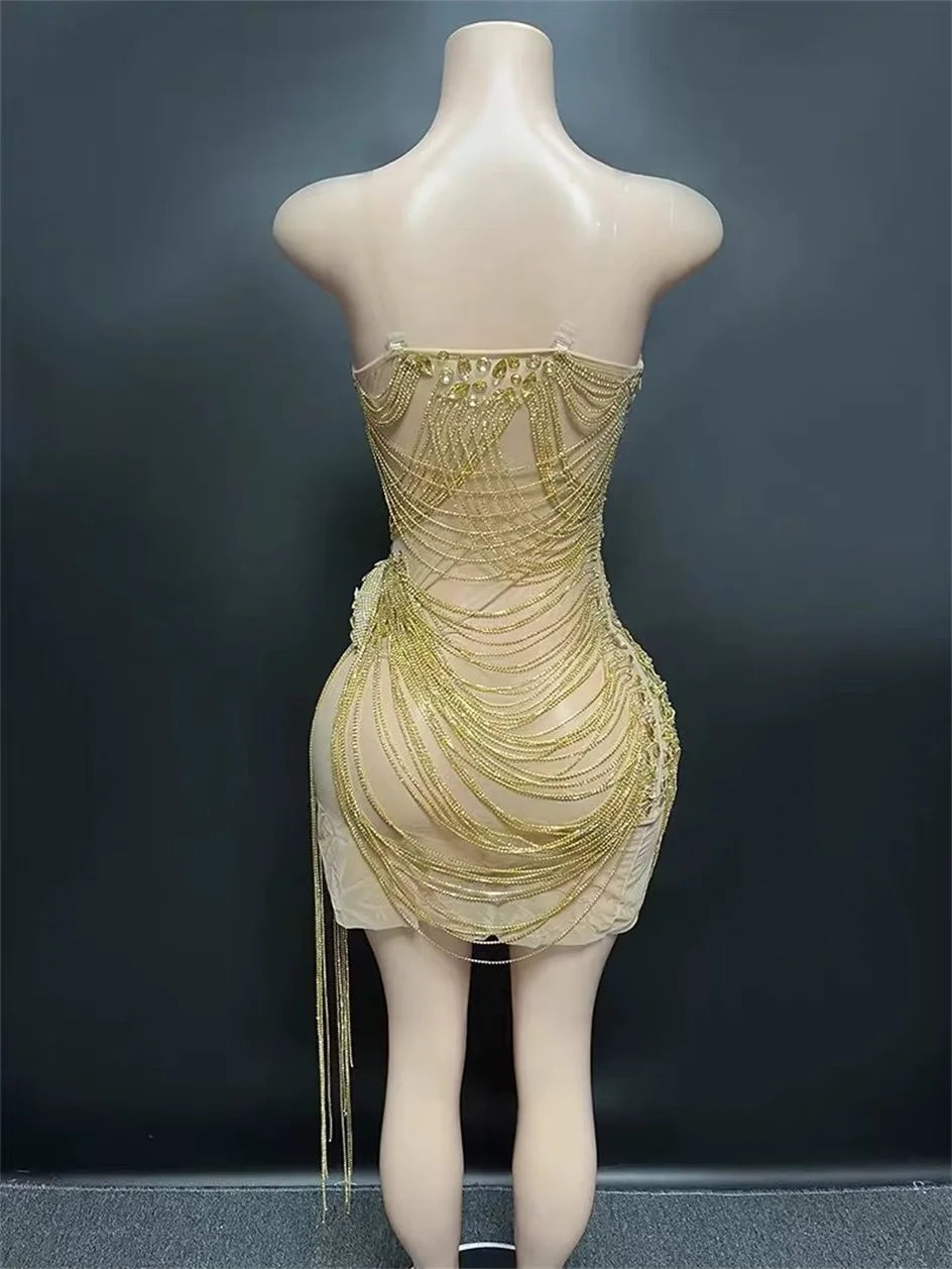 STOCK Sparkly Rhinestone Fringe Dress Women Sexy Birthday Wedding Party Prom Drag Queen Costume Outfit Stage Wear Festival