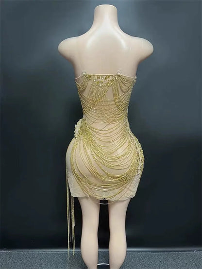 STOCK Sparkly Rhinestone Fringe Dress Women Sexy Birthday Wedding Party Prom Drag Queen Costume Outfit Stage Wear Festival