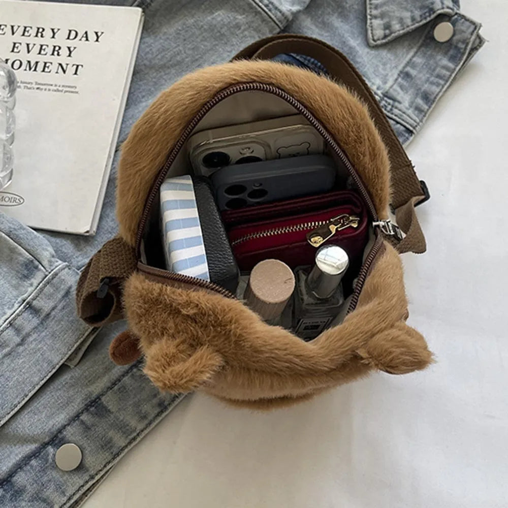 Cute Plush Capybara Crossbody Bag Large Capacity Shoulder Bag Girls Coin Purse Adjustable Zipper Plush Mobile Phone Pouch