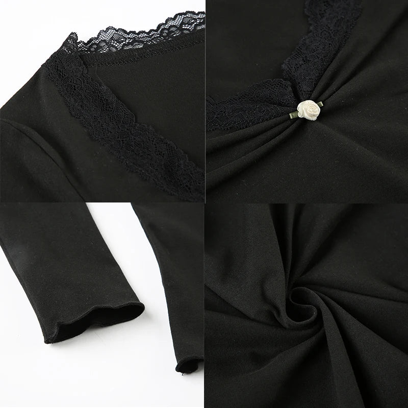 Cuteandpsycho Lace Patchwork Solid Slim Tee Shirts Long Sleeves V-neck Aesthetic Fashion Clothes Vintage Streetwear Black Tops