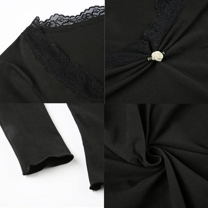 Cuteandpsycho Lace Patchwork Solid Slim Tee Shirts Long Sleeves V-neck Aesthetic Fashion Clothes Vintage Streetwear Black Tops