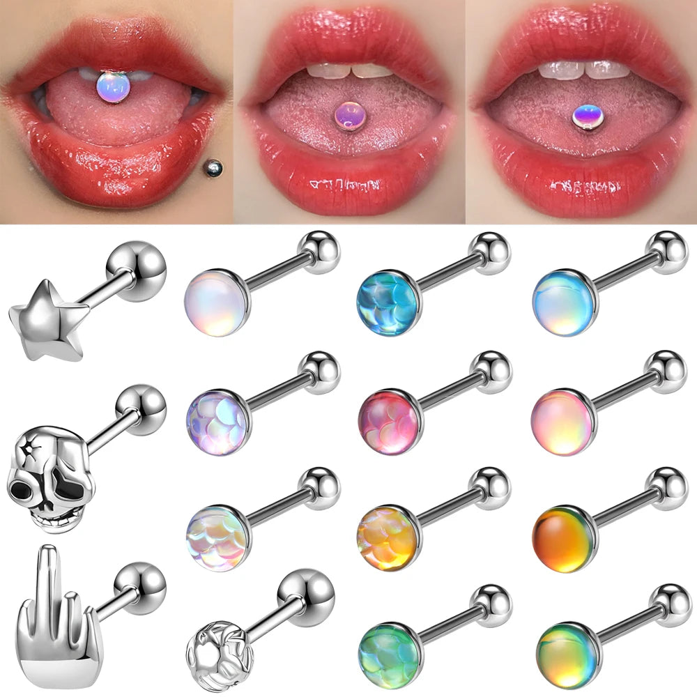 ZS 1Piece 14G Oil Luminescence Tongue Piercing Rings Stainless Steel Tongue Stud Skull Star Studs Earrings BCR Piercings Jewelry Badiee Stylez