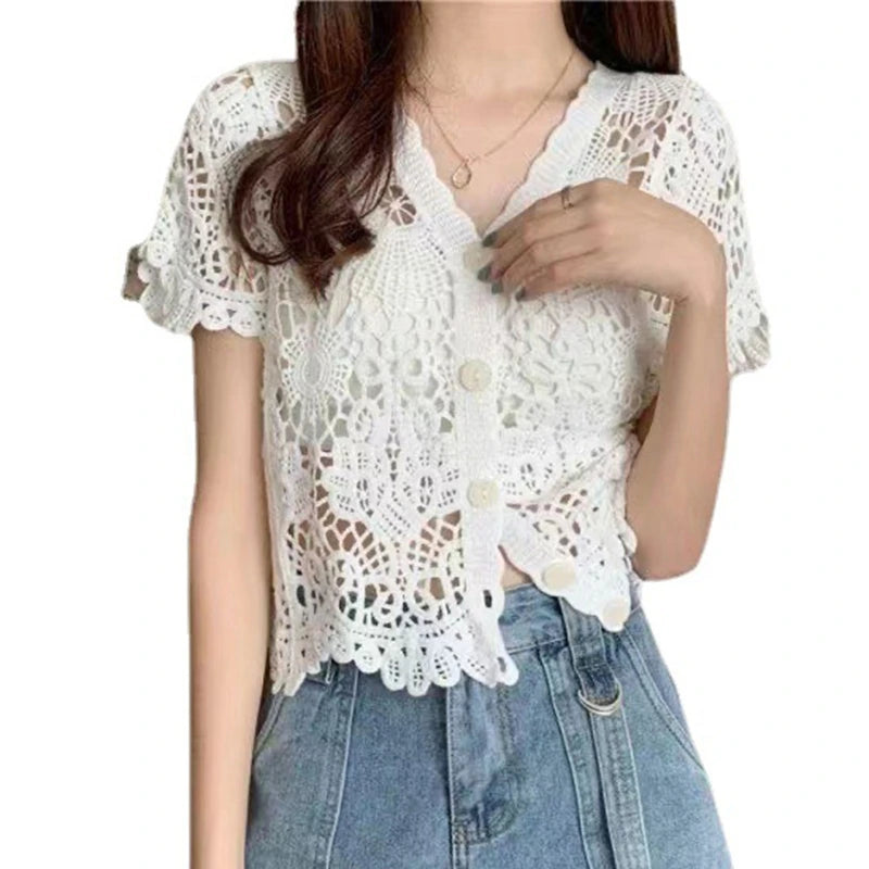 Women French Style Short Sleeve Lace Shrug Hollow Out Crochet Knit Cardigan V-Neck Button Down Sheer Crop for Jac WHITE One Size