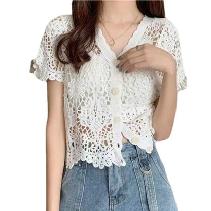 Women French Style Short Sleeve Lace Shrug Hollow Out Crochet Knit Cardigan V-Neck Button Down Sheer Crop for Jac WHITE One Size