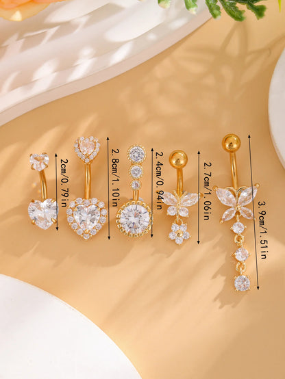 14G Gold Color Series Butterfly Dangled Belly Piercing Sets 5PCS/Lot Heart Flower Curved Navel Navel Ring Belly Button Rings