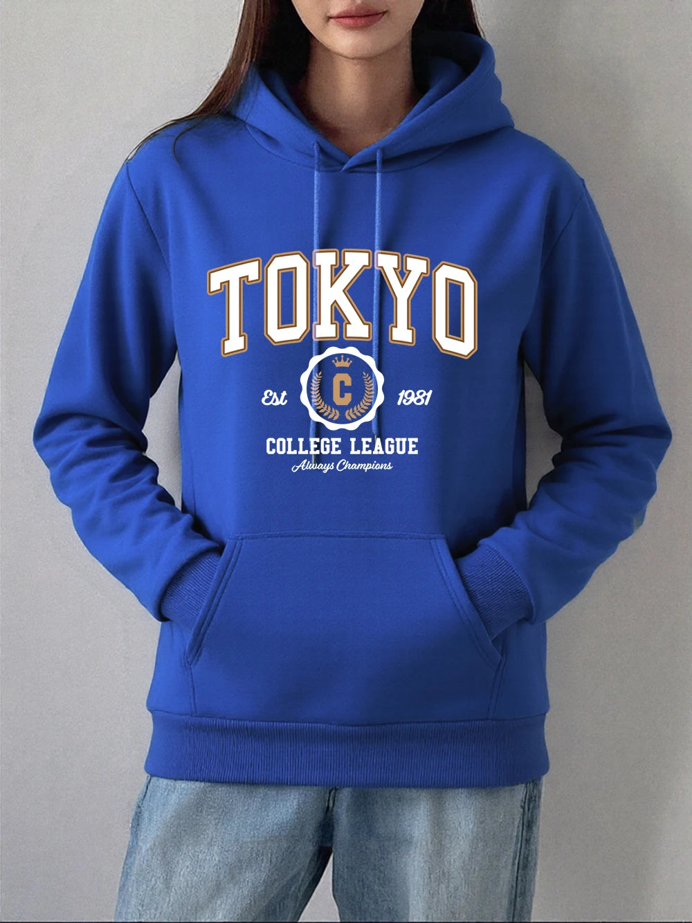 Tokyo College League Prints Hoodie Women Winter Fleece Warm Pullover Basics Pocket Sweatshirt Casual Comfortable Womans Clothes