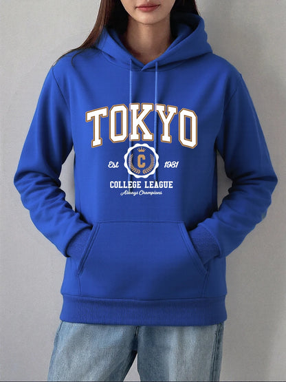 Tokyo College League Prints Hoodie Women Winter Fleece Warm Pullover Basics Pocket Sweatshirt Casual Comfortable Womans Clothes