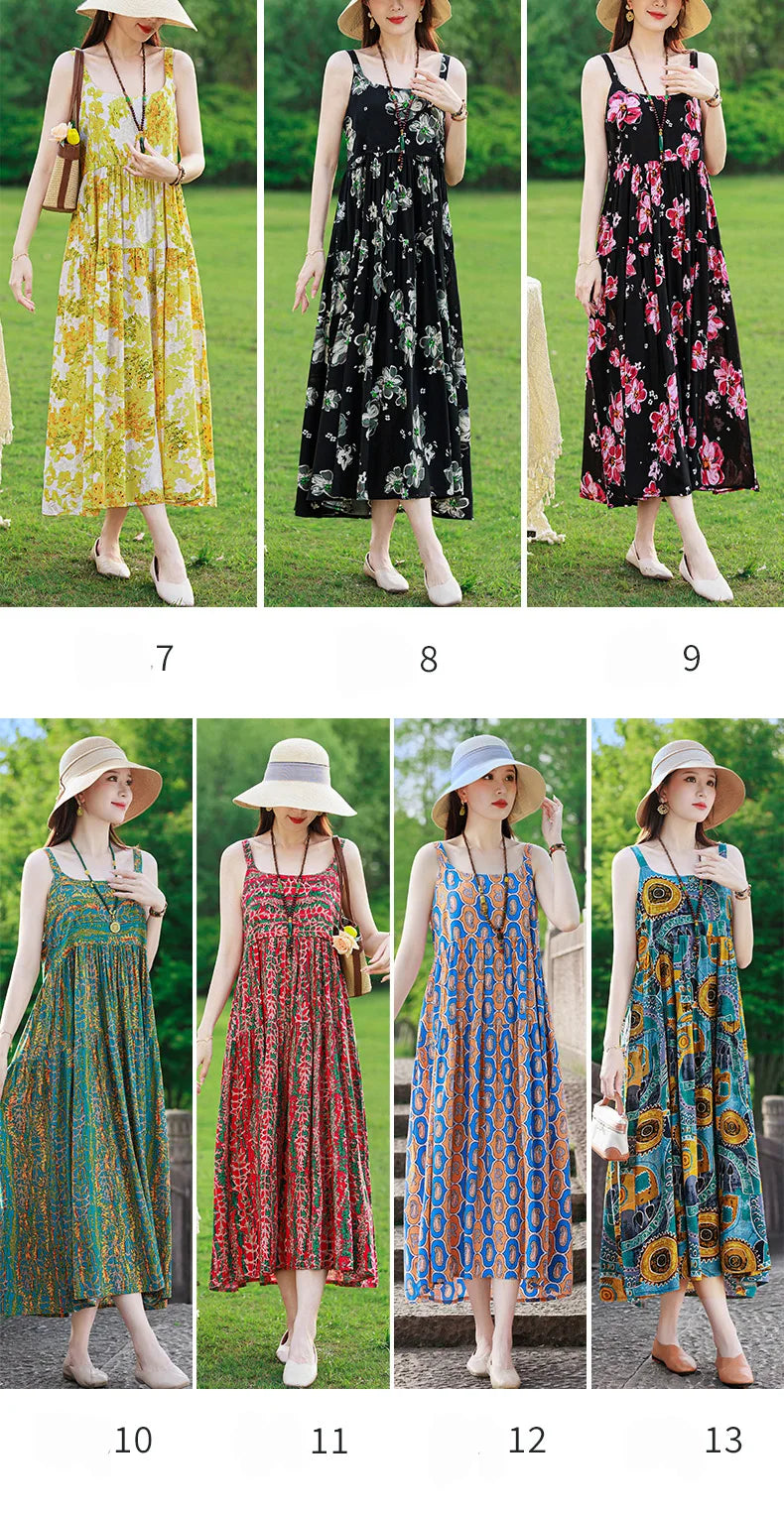 New Fashion Casual 2025 Summer Elegant Dresses For Women O-Neck Print Vintage Sleeveless Dress Loose Women Clothing