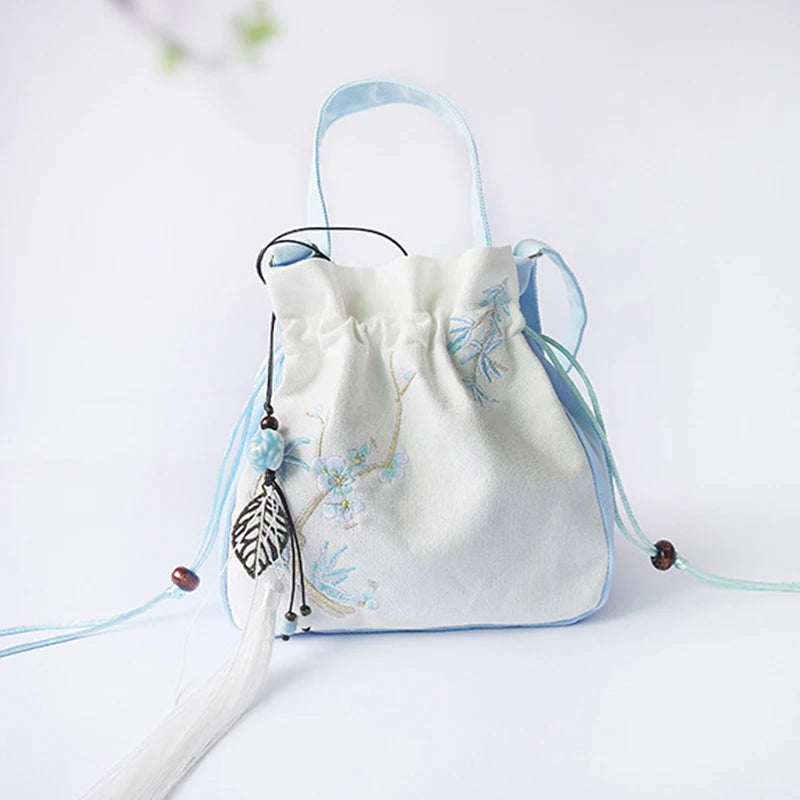 Chinese Style Women's Drawstring Bag Vintage Flower Embroidery Hanfu Handbag Street Fashion Girls Bucket Shape Shoulder Bag