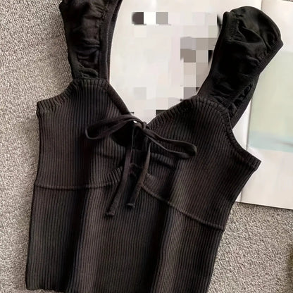 2024 Solid Color Ribbed Knotted Tank Top Casual Round Neck Tank Top For Spring & Summer Women's Clothing Knit Crop Top Black One Size