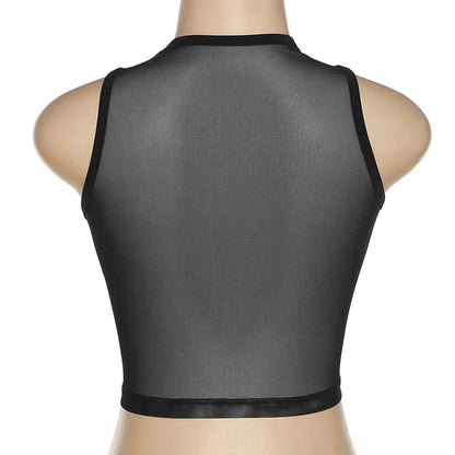 Fashion Round Neck Sleeveless Y2k Top Sexy Net Yarn Slightly Sheer Women Clothing High Stretch Embroidery Streetwear Crop Top