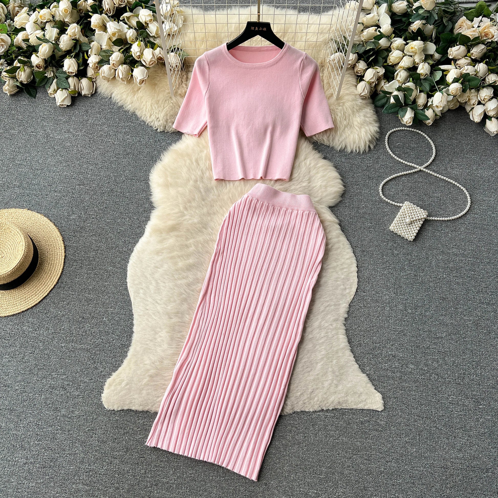 SINGREINY Casual Two Piece Sets Women Summer O Neck Top Elastic Waist Long Skirt Fashion Office Lady Korean Knit Suit