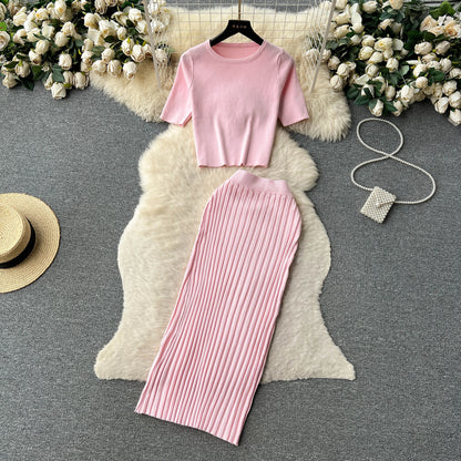 SINGREINY Casual Two Piece Sets Women Summer O Neck Top Elastic Waist Long Skirt Fashion Office Lady Korean Knit Suit