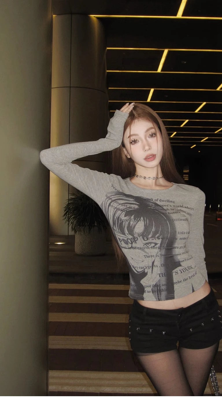 Vintage Women Y2K Clothes T-shirt Cotto Blusas O-neck Long Sleeve Tops Print Tunic Grunge Woman Clothing Fashion Casual Crop Top