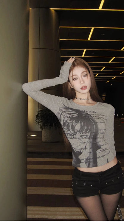 Vintage Women Y2K Clothes T-shirt Cotto Blusas O-neck Long Sleeve Tops Print Tunic Grunge Woman Clothing Fashion Casual Crop Top