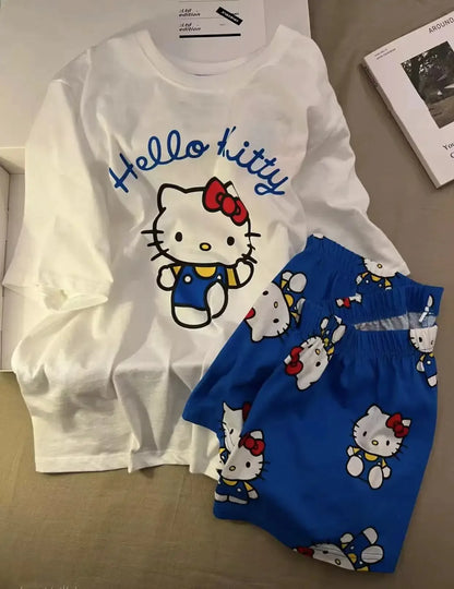 Hello Kitty Summer White & Blue Pajama Set Women's Short Sleeve Shorts with Lace Accents Soft Breathable Loungewear Home Comfort
