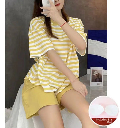 Women's Summer Spwear ort Sve Thin Striped Home Clothes Two-Piece Set with Chest Pad Milk Silk round Ne Pullover