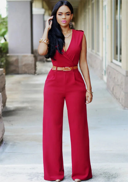 Business Formal Jumpsuit Work Wear Women Romper Elegant Long Deep V Neck Sleeveless High Waist Wrap Jumpsuits Fashion Streetwear Badiee Stylez