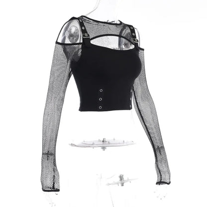 Goth Dark Mall Gothic Fishnet Patchwork T-shirts Grunge Punk Hollow Out Buckle Crop Tops Techwear Fashion Female Alt Streetwear